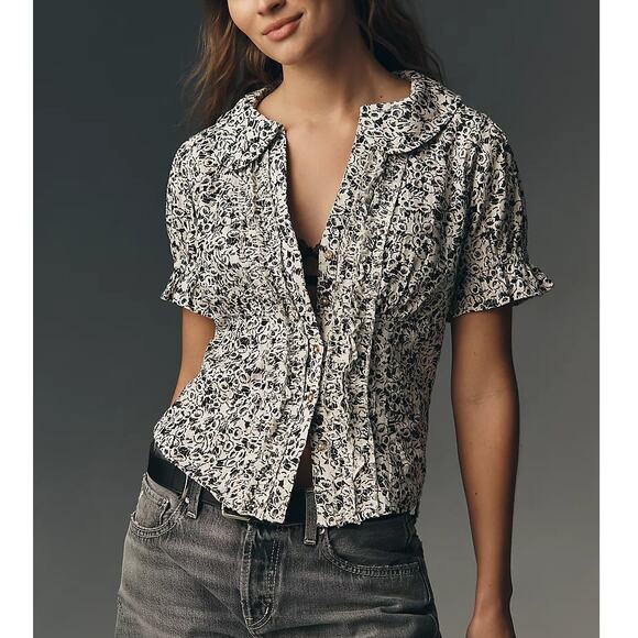 Pilcro Anthropologie Keira Floral Peter Pan Collar Blouse Top M Cottagecore - Picture 1 of 9